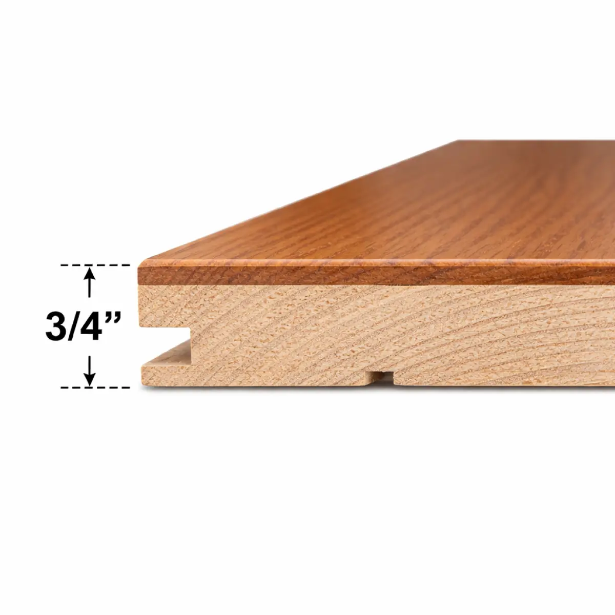 3/4 inch solid hardwood flooring cross-section showing thickness and wood grain layers