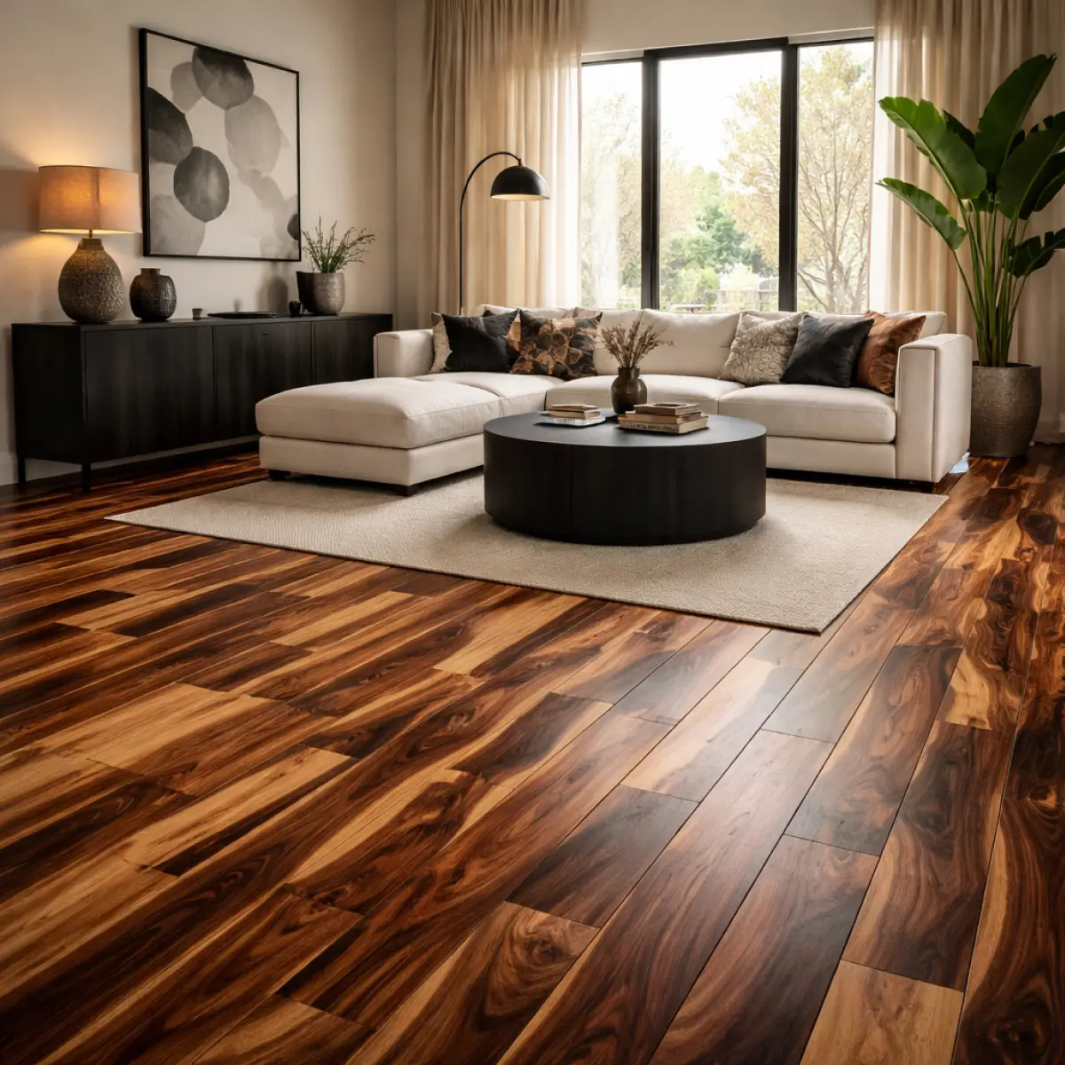 Modern room with acacia hardwood flooring featuring bold grain patterns and rich natural tones
