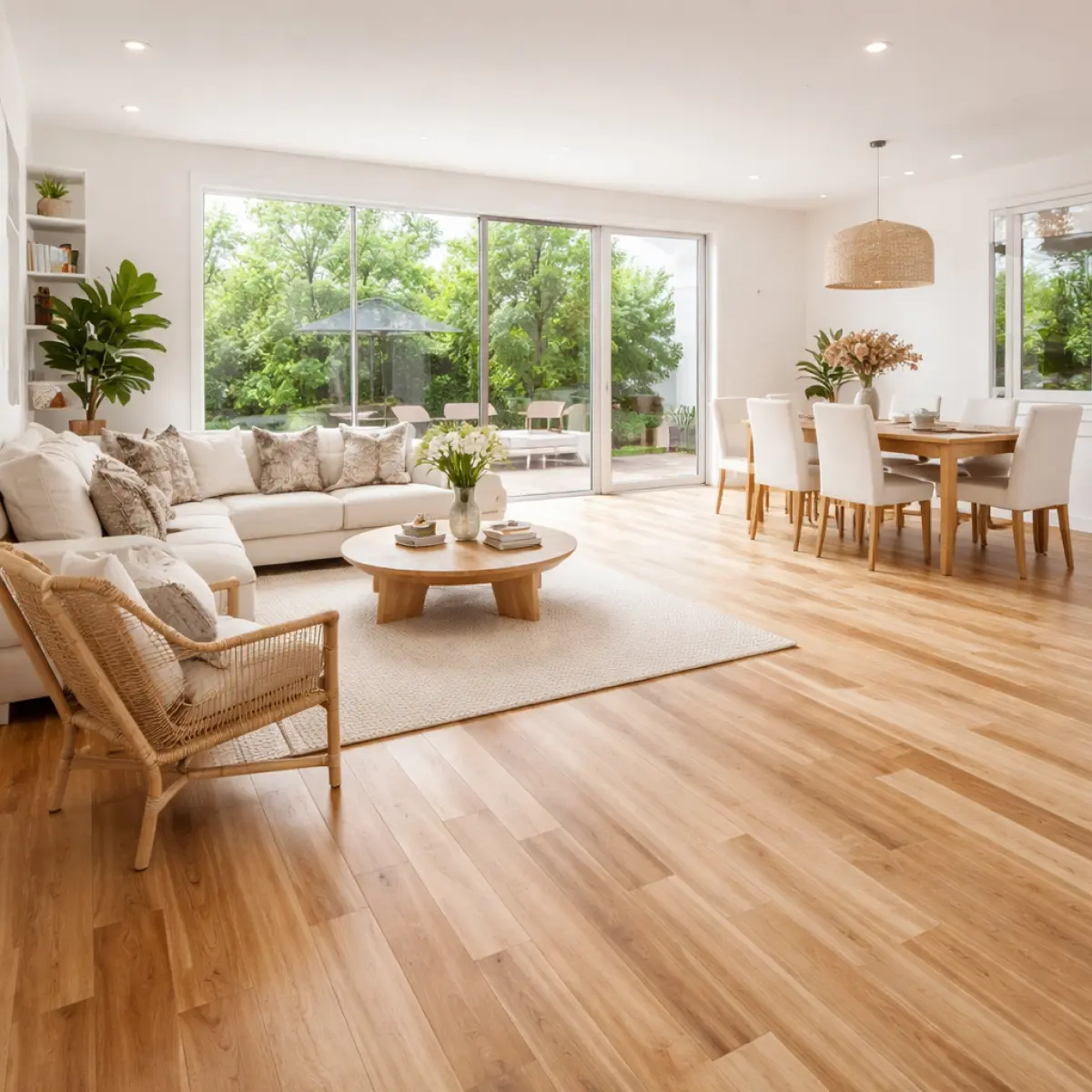 Light modern room with blackbutt hardwood flooring featuring pale tones and subtle grain patterns
