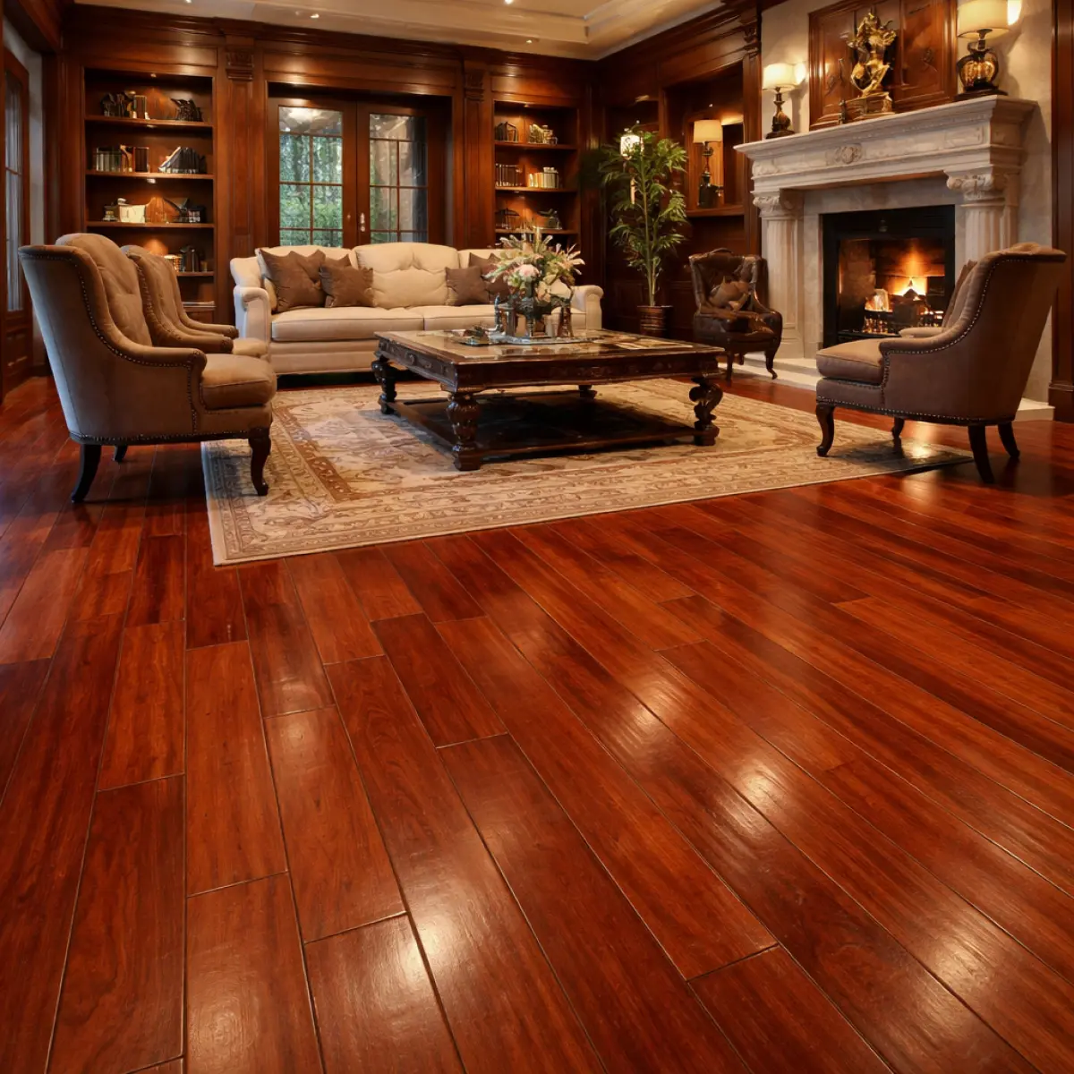 Luxury interior with Brazilian cherry (Jatoba) hardwood flooring featuring deep rich tones and smooth finish