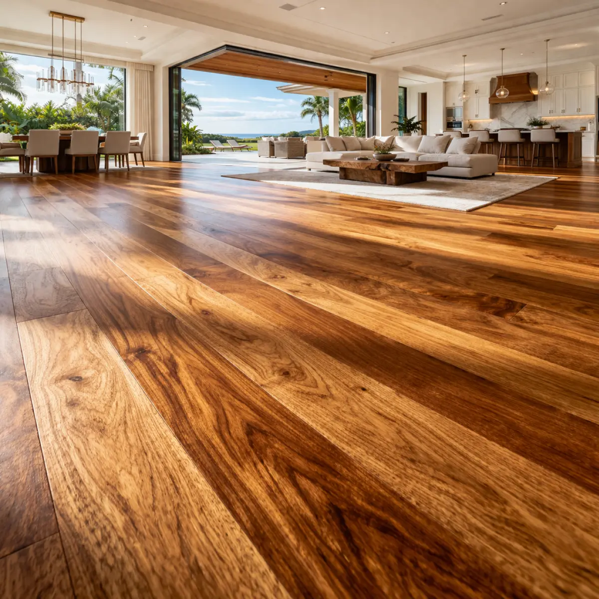 Luxury room with Brazilian teak (Cumaru) hardwood flooring showcasing rich brown tones and fine grain texture