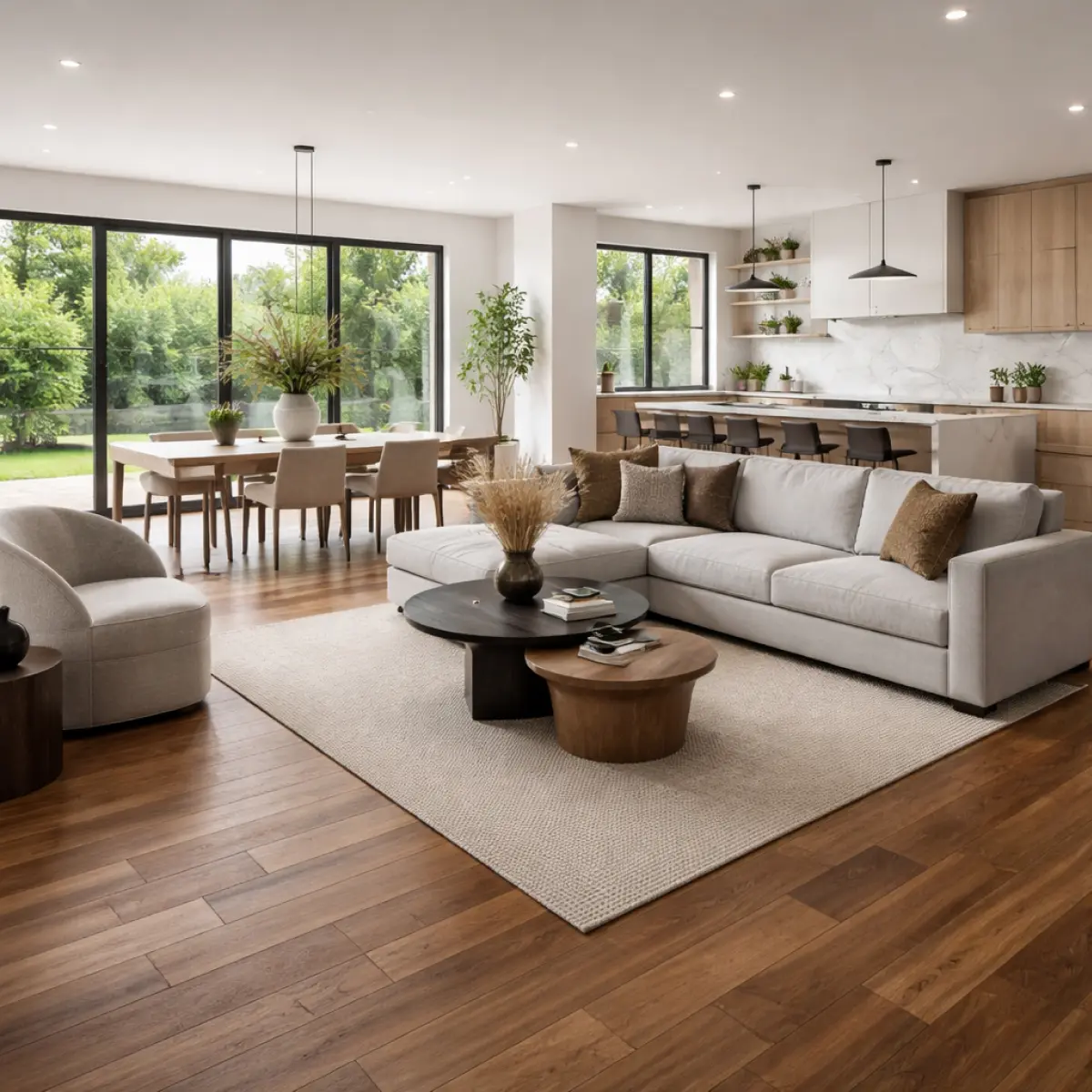 Brown hardwood flooring in a modern interior living room with elegant design