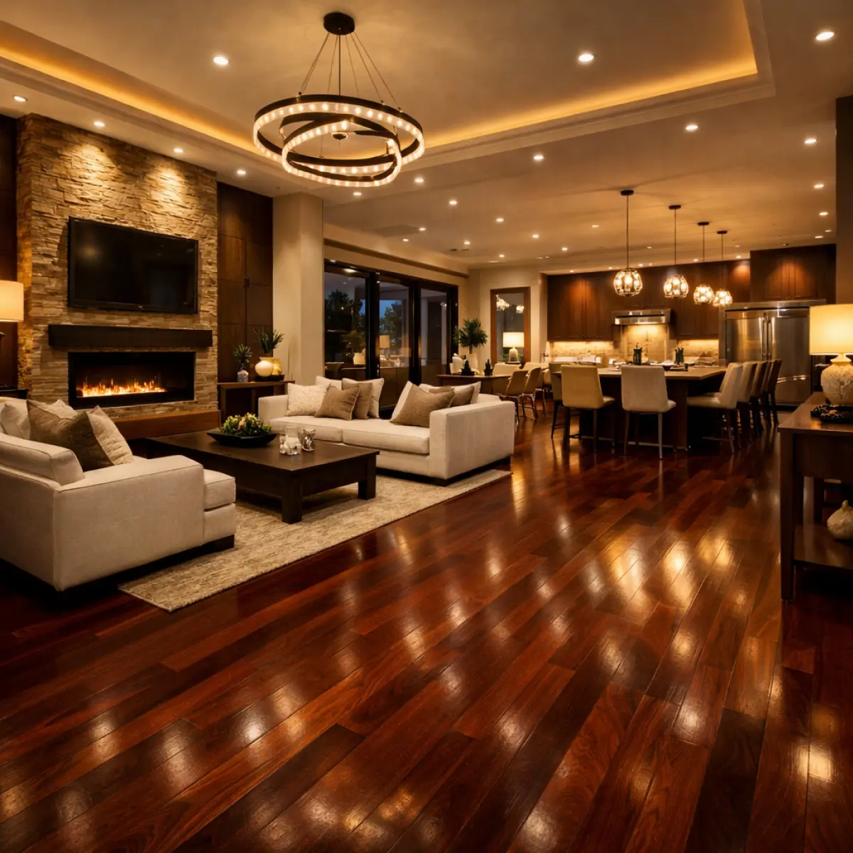 Dark hardwood flooring in a luxury interior living room with elegant decor
