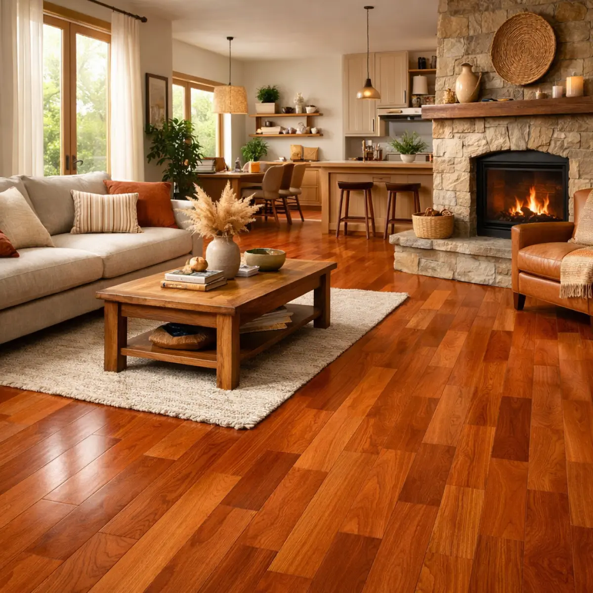 Warm interior with doussie hardwood flooring featuring rich golden-brown tones and smooth natural grain