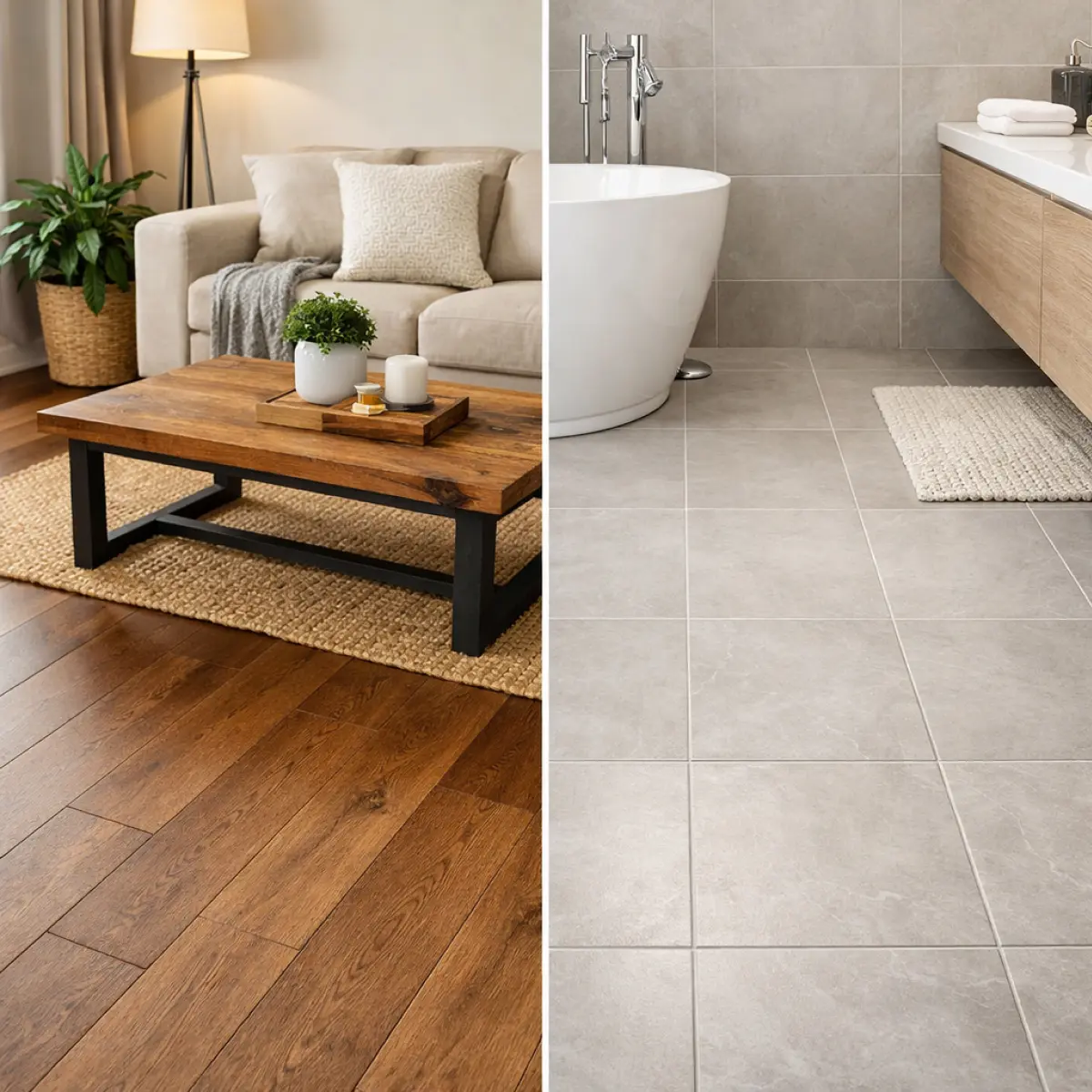 Hardwood vs tile flooring comparison showing cost, durability, and maintenance differences