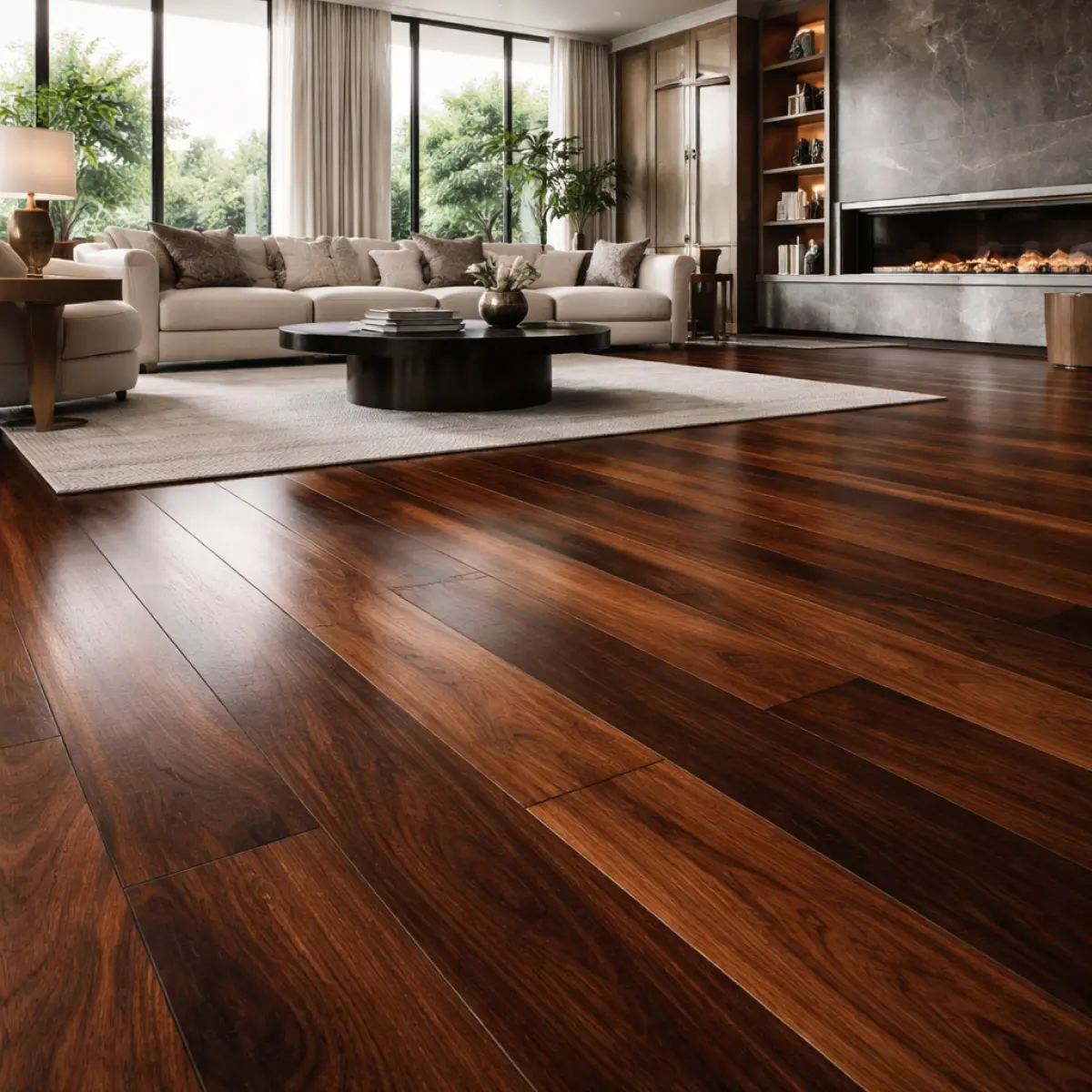 Luxury room with Ipe Brazilian walnut hardwood flooring featuring deep dark tones and dense smooth grain