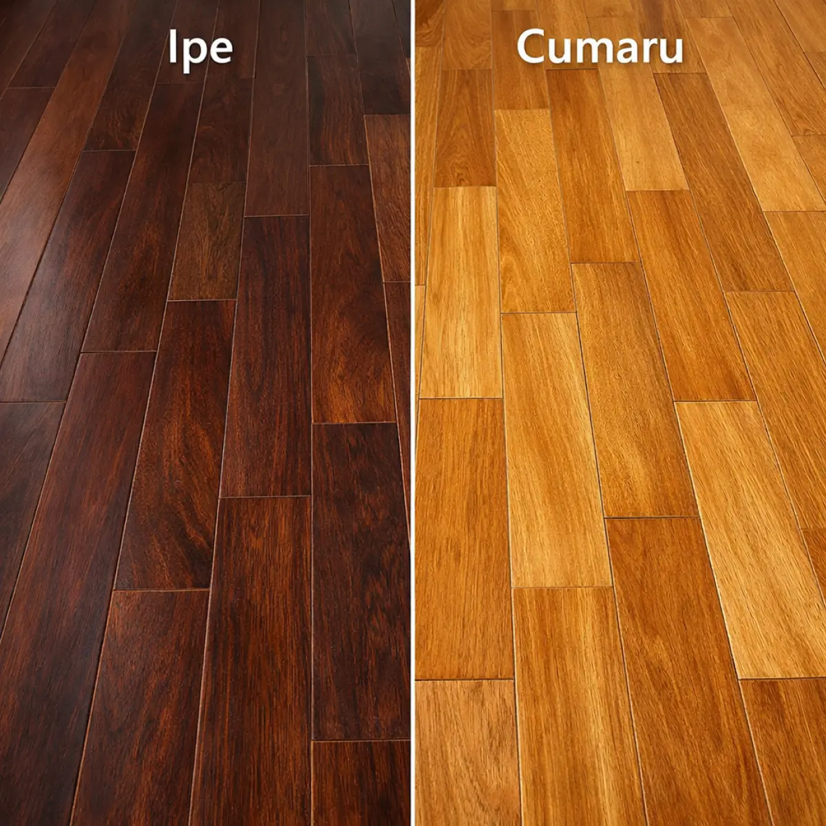 Ipe vs Cumaru hardwood flooring comparison showing durability, color, and cost differences