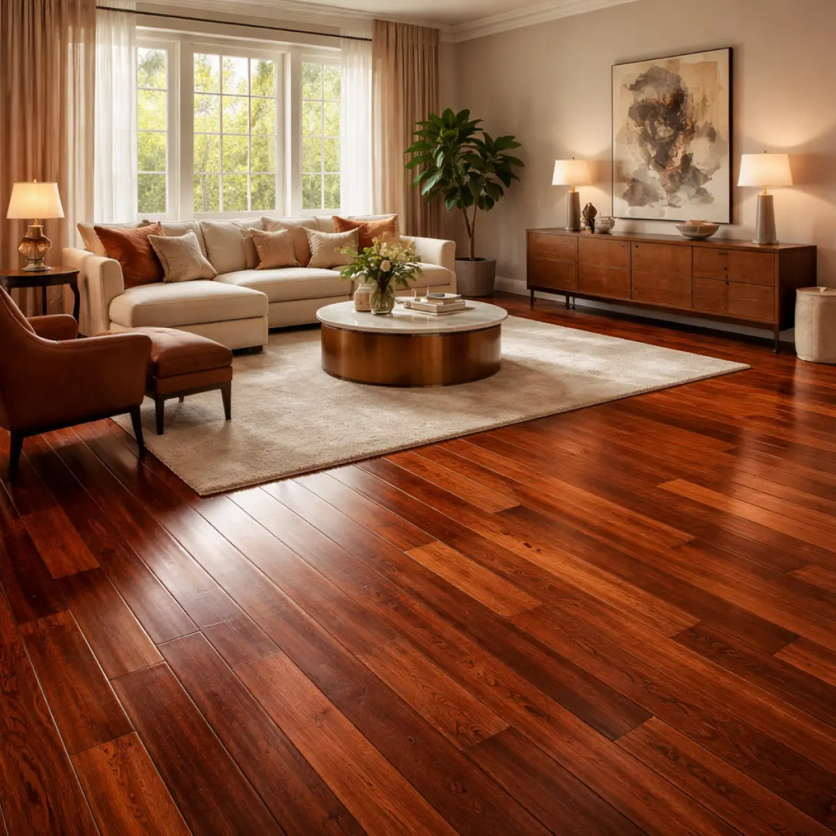 Warm luxury interior with merbau hardwood flooring featuring rich reddish-brown tones and natural grain texture