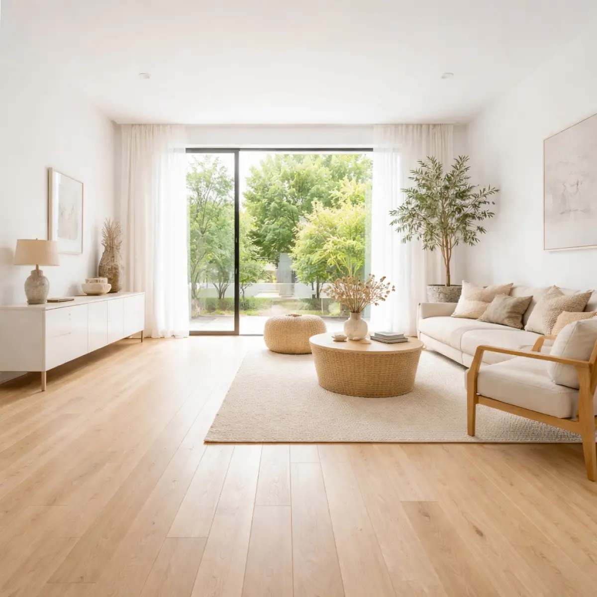 Natural tone white oak hardwood flooring in a modern living room interior