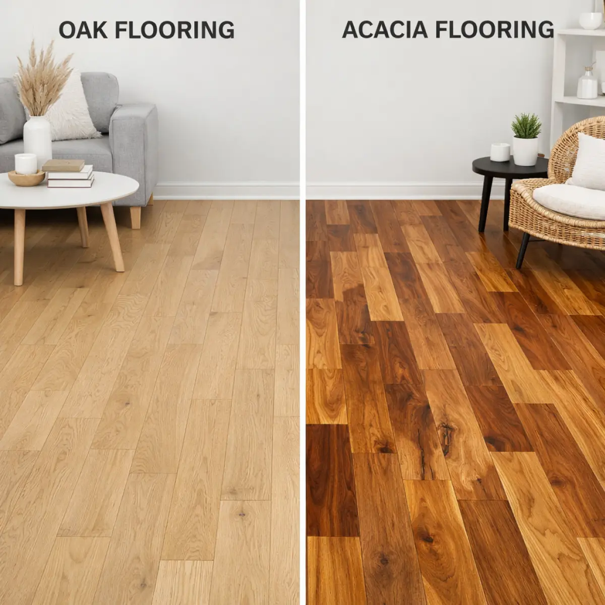 Oak vs Acacia hardwood flooring comparison showing durability, grain pattern, and cost differences