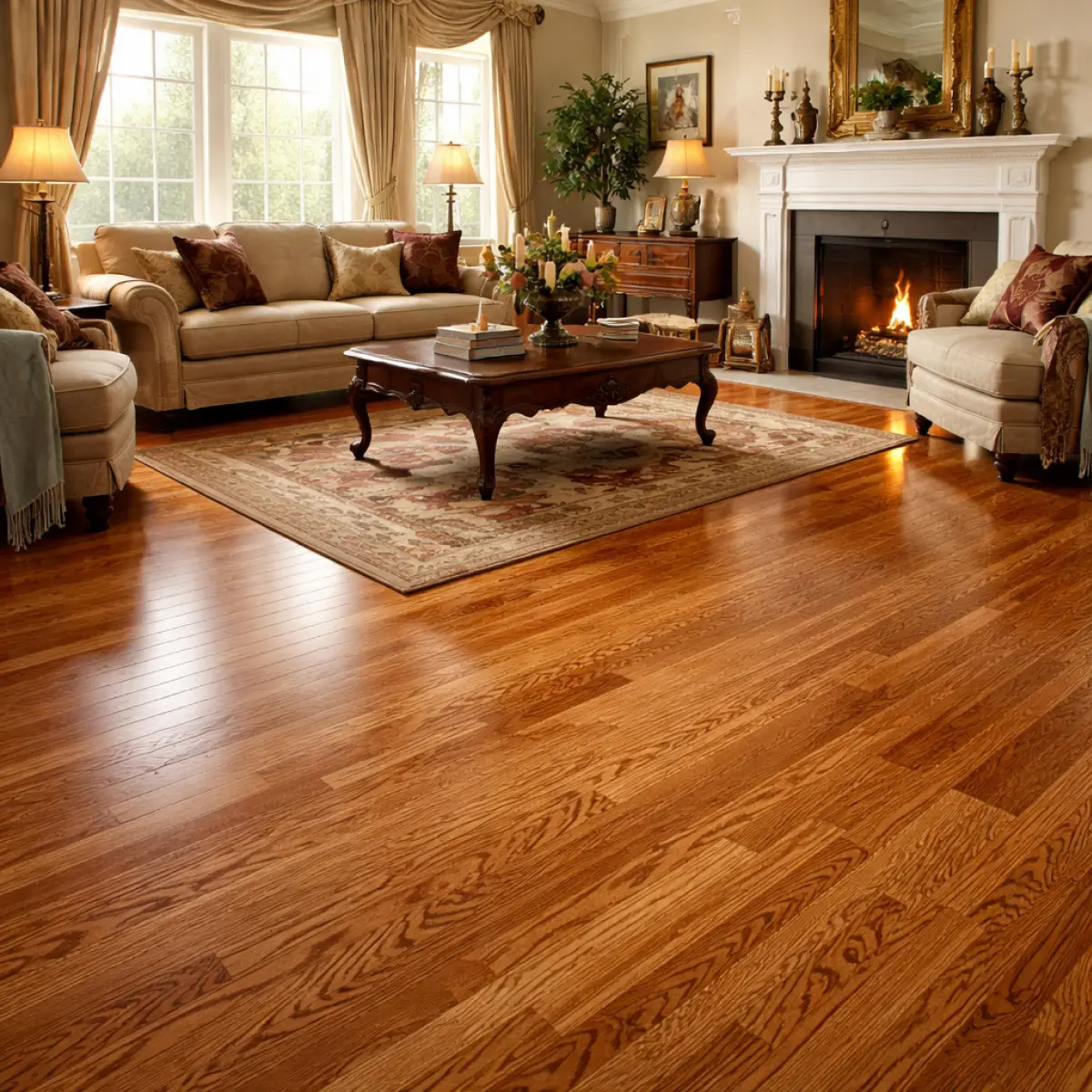 Traditional living room with red oak hardwood flooring featuring warm tones and visible grain patterns