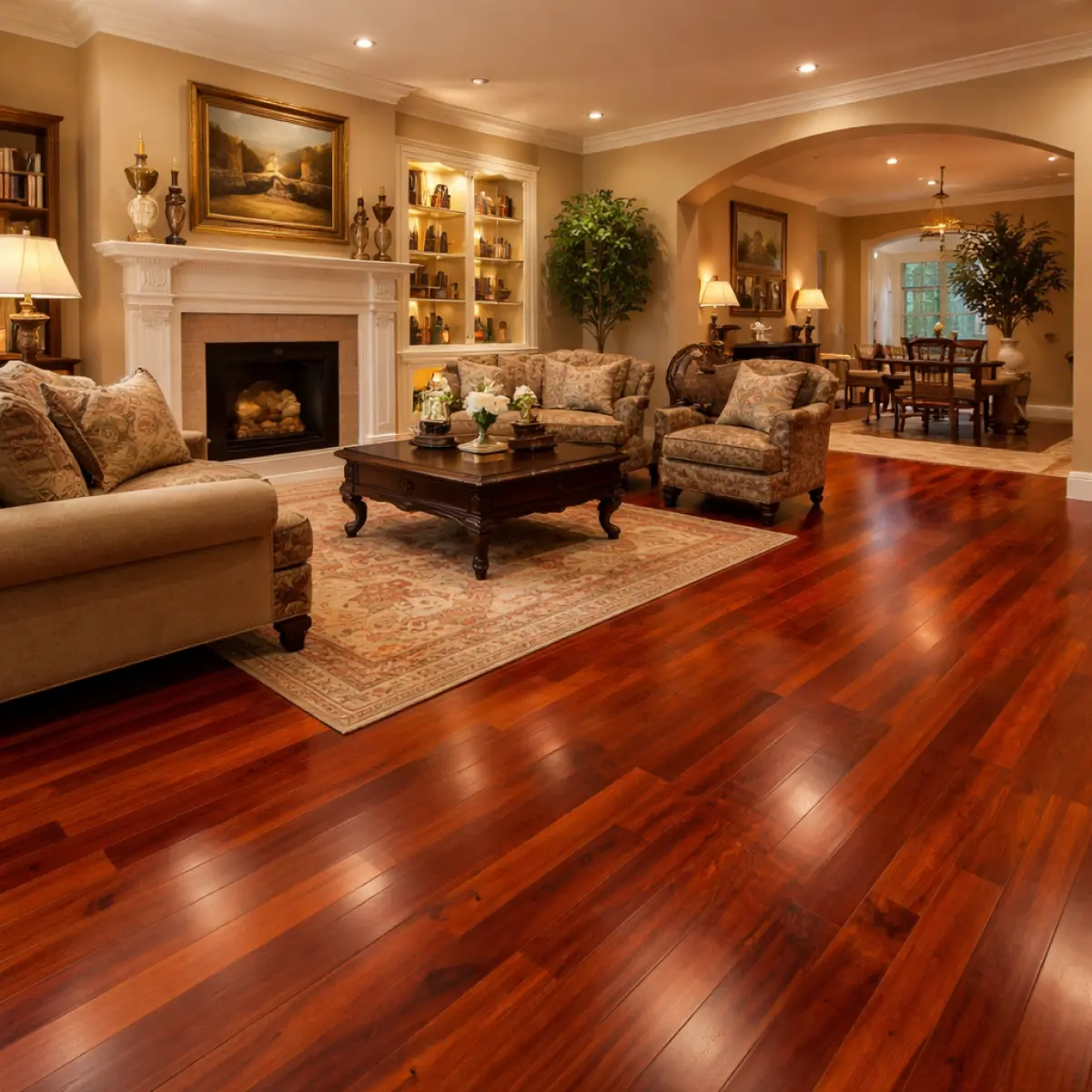 Reddish Brazilian cherry hardwood flooring in a stylish modern room interior