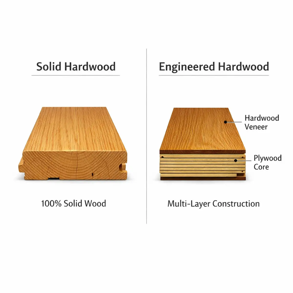 Solid vs engineered hardwood flooring cross-section comparison showing layered construction