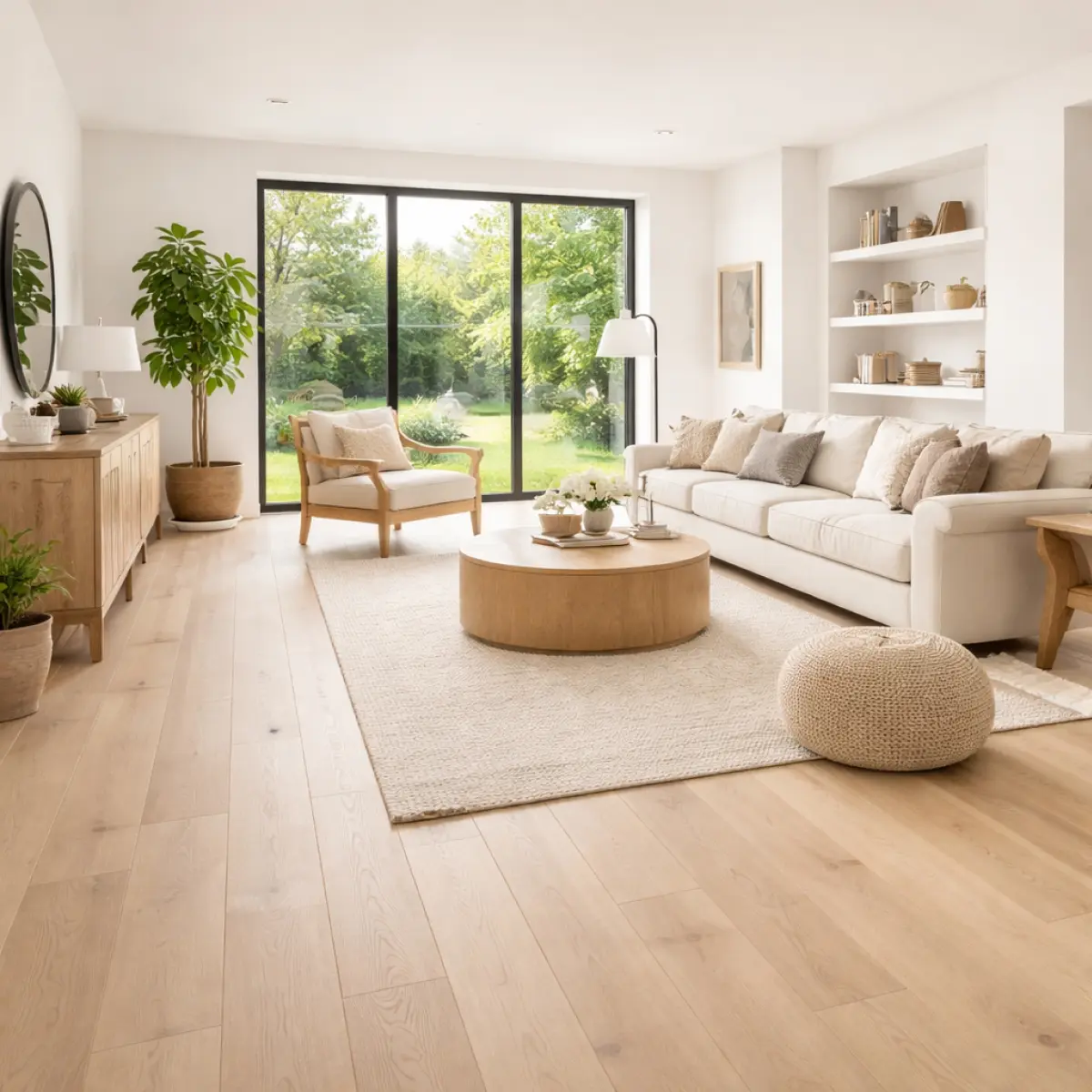 Modern living room with white oak hardwood flooring showcasing natural grain and a bright interior