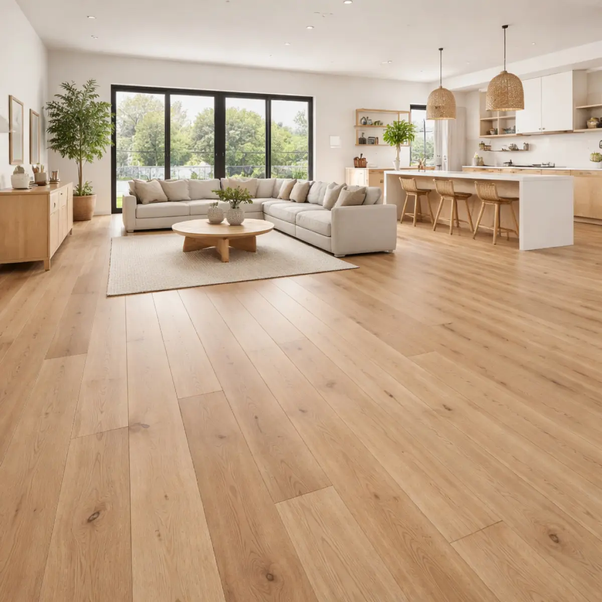 Wide plank solid hardwood flooring in a modern open concept living space